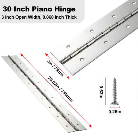 Heavy Duty Piano Hinge Thirty Inch Long With Three Inch Face Width Fabricated From Actual Point Zero Sixty Thick Type Thirty Four Stainless Steel For Cabinets Doors And Toolboxes Badass Load Capacity with measurements