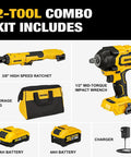 Heavy Hitting 20V Brushless Impact Wrench And Smooth 3/8 Inch Ratchet Combo Kit includes impact wrench, ratchet, batteries, and charger.