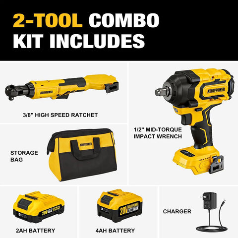 Heavy Hitting 20V Brushless Impact Wrench And Smooth 3/8 Inch Ratchet Combo Kit includes impact wrench, ratchet, batteries, and charger.