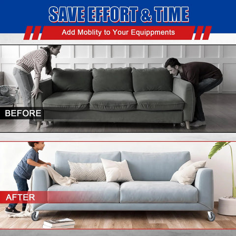 Before and after comparison of a couch with Shopping Cart Replacement Wheels Kit 12 Pack 5 Inch TPU Silent Supermarket Casters.