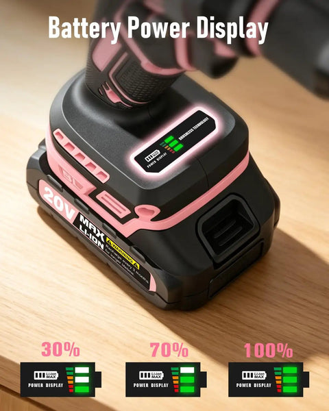 Battery power display on Brushless 20V Cordless Drill Driver Kit With 2.0Ah Battery And Charger, 3/8-Inch Metal Chuck, pink design