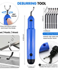 Blue deburring tool with curved high-speed steel blade for 3D printers; includes six replacement blades