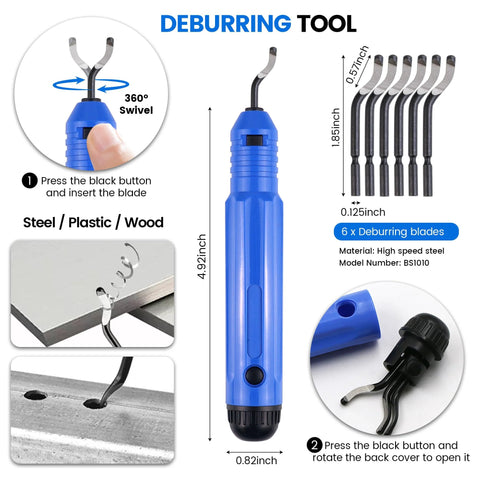 Blue deburring tool with curved high-speed steel blade for 3D printers; includes six replacement blades