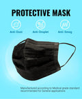 Premium Black Face Masks 50 Pack Featuring True 3 Ply Construction Cleanroom Manufactured For Straight Up Daily Protection, side view.