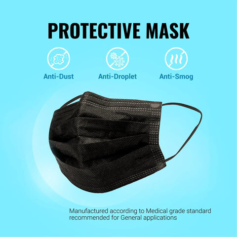Premium Black Face Masks 50 Pack Featuring True 3 Ply Construction Cleanroom Manufactured For Straight Up Daily Protection, side view.