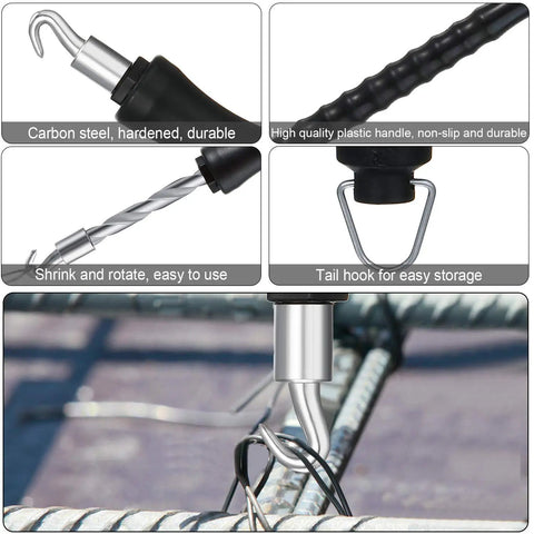 Close-up of Two Piece Automatic Rebar Tie Wire Twister Tool Set With Curved And Straight Hooks showing handles and metal wire tying.