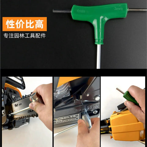 All In One Chainsaw Socket Wrench Set with hex T-shaped wrenches and lawn mower tools for maintenance projects, close-up view