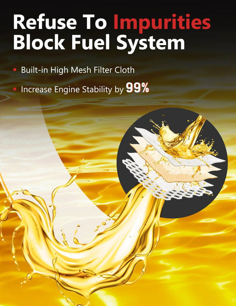 Graphic showing high mesh filter cloth blocking impurities with fuel pouring over, highlighting increased engine stability by 99%