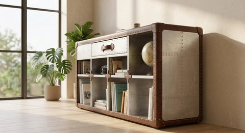 Sharp Aviator Bookcase Featuring Hand Beaten Aluminum Build And Single Storage Drawer Heavy Duty Industrial Home Office Shelves 60 Inches Tall in a sunlit room with plants.