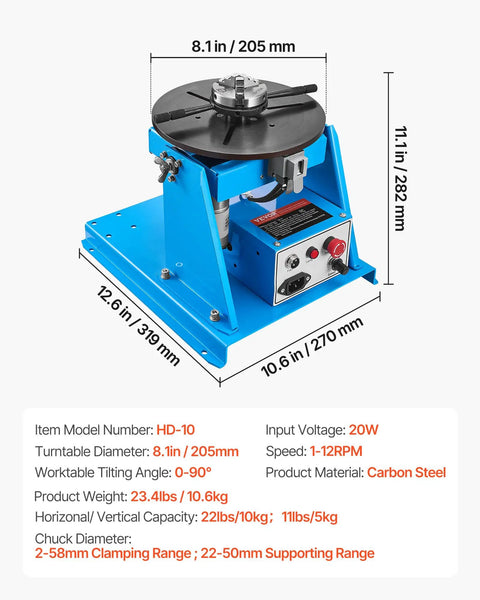 Rotary Welding Positioner With 10 Kg Load Capacity, 1-12 RPM, 20W Motor, 0 To 90 Degree Adjustable Turntable, 8.1 Inch 3-Jaw Chuck