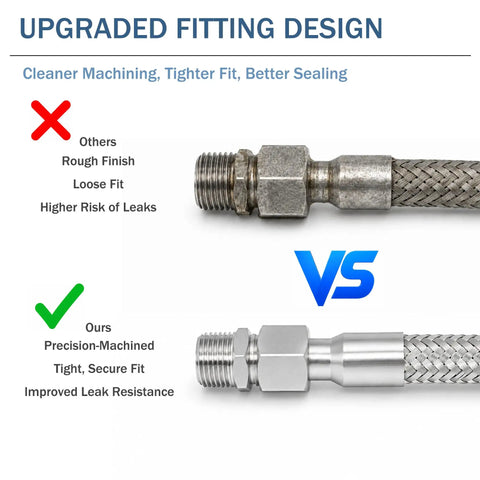 Comparison of upgraded fitting design for Top Shelf Heavy Duty 1/4 In X 40 In Stainless Steel Air Compressor Jumper Hose.