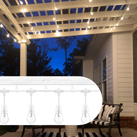Outdoor patio with lights hanging using Sick 12 Pack Ceiling Hooks For Hanging Plants And Outdoor Lights, Screw In Cup Hooks.