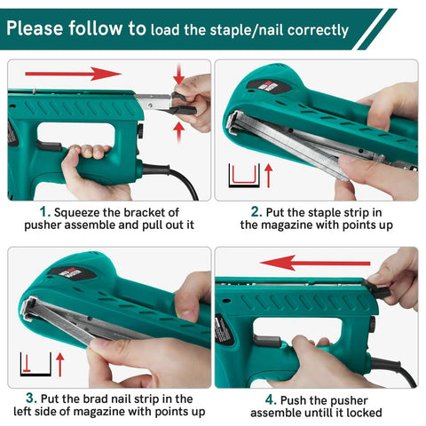 Instructions for loading staples and nails into 2 In 1 Electric Staple Gun And Brad Nailer For Light Duty Upholstery And DIY Home Projects