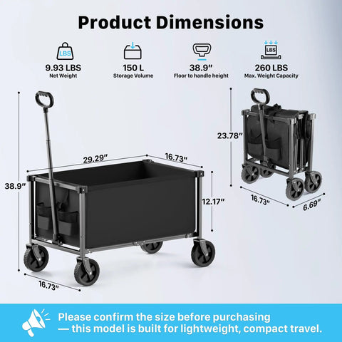 Heavy Duty Collapsible Wagon Cart With 29.3 Inch Body 150L Capacity And 260 Lb Load Beastly Rolling Cart For Garden Groceries Sports Gear Camping Black