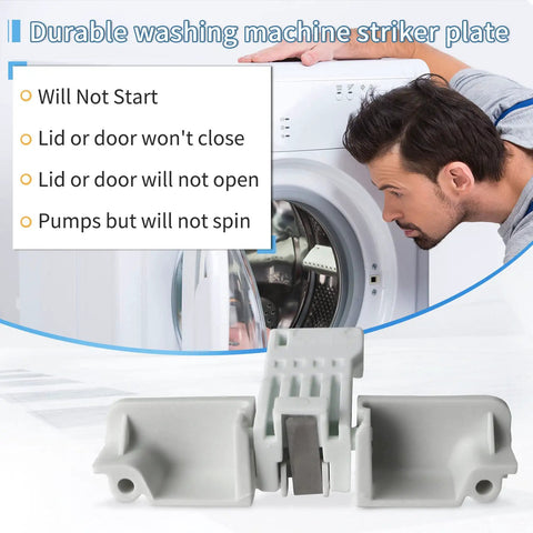 Washer Lid Strike Replacement For Whirlpool Kenmore Maytag Amana Admiral Crosley Inglis Roper And More Fits W10837741 in front of washing machine.