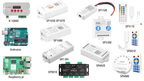 Image showing various LED controllers including K-1000C, SP110E, SP601E, suitable for Digital Addressable WS2811 LED String Lights Waterproof RGB Full Color 12mm Outdoor.