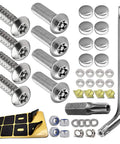 Anti Theft License Plate Screws Kit For Cars Tag Frame Holders Stainless Steel Mounting Hardware Tamper Resistant Security Screw Set 1 Quarter Inch M6 Rust Proof Chrome Caps ZXFOOG, displaying screws, caps, washers, and tools