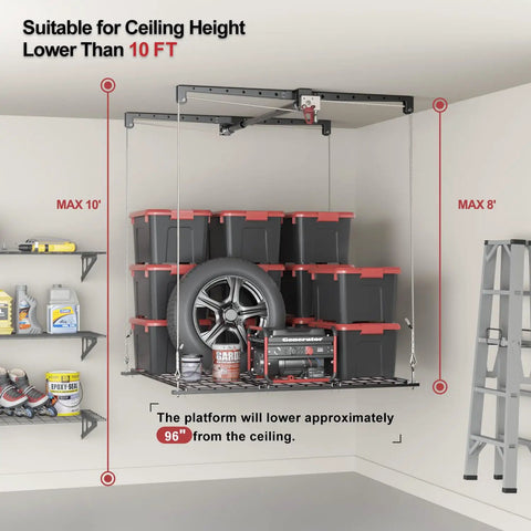 Straight-Up Heavy Duty Overhead Garage Storage Rack For Eight To Ten Foot Ceilings Featuring A Smart Safety Lock Ceiling Mounted Organizer Is Gonna Kick Some Serious Floor Space And Securely Hold Two Hundred Fifty Pounds Of Heavy Gear
