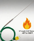 K-type thermocouple probe with 12-inch stainless steel shaft and 47-inch green silicone cable ending in a yellow plug.