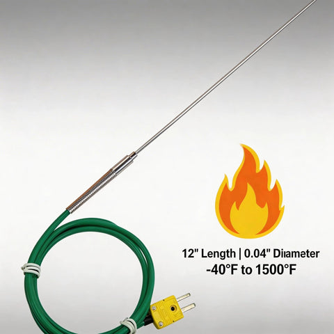 K-type thermocouple probe with 12-inch stainless steel shaft and 47-inch green silicone cable ending in a yellow plug.