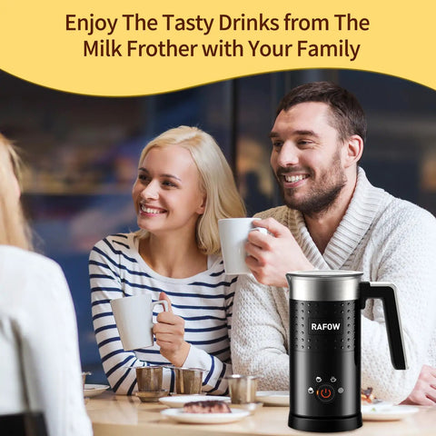 People drinking coffee with 4 In 1 Electric Milk Frother And Warmer With Large 10oz Capacity Delivers Dense Hot Foam Or Light Foam Heats Milk Or Froths Cold Milk For Lattes Cappuccinos Macchiatos And Hot Chocolate With One Button nearby.