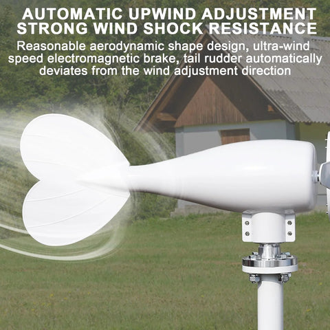 OSKOPWRC 800W wind turbine generator, side view, white 6-blade rotor mounted on a mast for off-grid use
