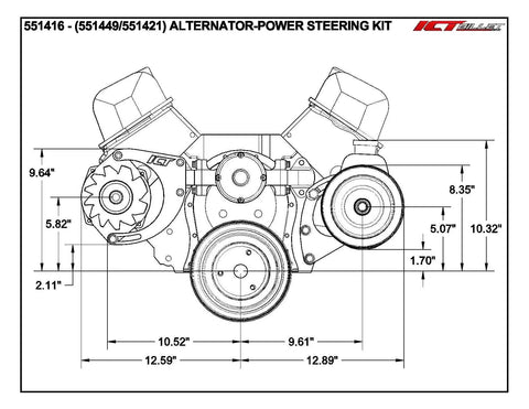 Technical drawing of Beefy Big Block Chevy BBC Alternator And Power Steering Pump Bracket Kit For Electric Water Pump