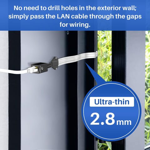 Ultra Slim Flat Ethernet Extender For Window And Door Gaps No Drill Solution Female To Female Cable PoE Ready For CAT7A CAT6A Networking In Narrow Spaces 0.45m Extension installed on window