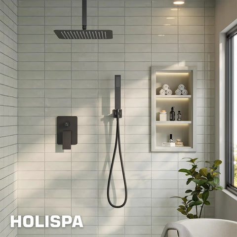 Top Shelf Ceiling Mount Shower System With 10 Inch Rain Head And Handheld Valve Trim Kit For Bold Bathroom Refresh Slick Finish No Fuss Durable Efficient Setup