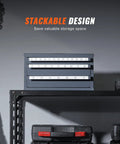 Drill Bit Dispenser Cabinet With Three Drawers, 29 Compartment Organizer visible on a shelf showcasing its stackable design.