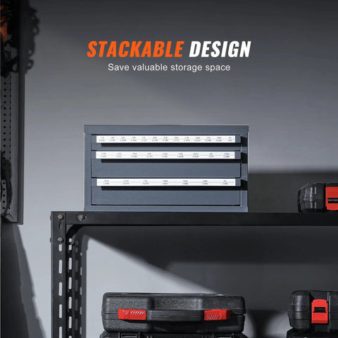Drill Bit Dispenser Cabinet With Three Drawers, 29 Compartment Organizer visible on a shelf showcasing its stackable design.