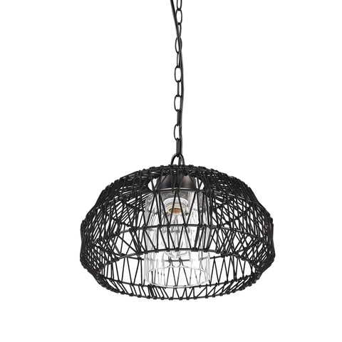 1 Light Outdoor Indoor Plug In Pendant Light With Black Woven Fabric Shade, Matte Black Finish, hanging on chain