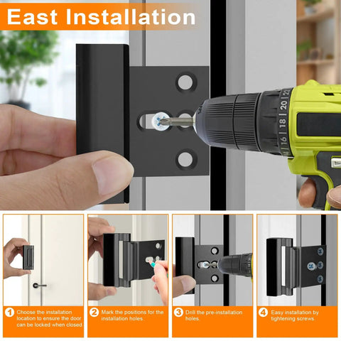 Installation of Heavy Duty Door Reinforcement Lock For Inside Use Upgraded Front Door Security For Kids Withstand 800 Lbs Of Force Child Proof Door Lock Extra Barrier From Inside 2 Pack Black