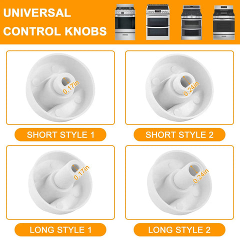 Rock Solid Universal White Oven Control Knobs 4 Pack With 12 Adapters featuring short and long styles, 0.18/0.25 fit for stoves.
