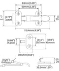 Technical diagram with dimensions for 316 Stainless Steel Boat No-Rattle Locking Latch, Hold-Down Clamp For Marine Hatch Hardware.