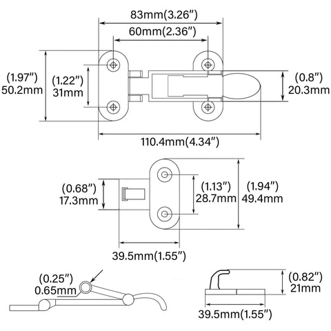 Technical diagram with dimensions for 316 Stainless Steel Boat No-Rattle Locking Latch, Hold-Down Clamp For Marine Hatch Hardware.