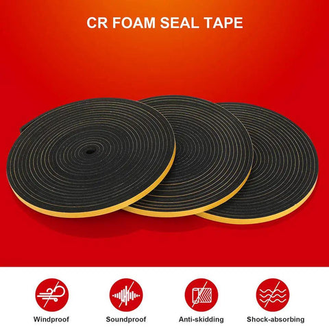 Three Roll Weather Stripping Door Seal Tape 1/4 Inch by 1/8 Inch Foam Self Adhesive Weatherproofing Kit displayed on red background