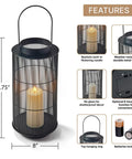Outdoor Lantern With Realistic LED Candle For Patio, 12 Inch Black Metal Modern Farmhouse Style Lantern, Weatherproof Open Frame Design