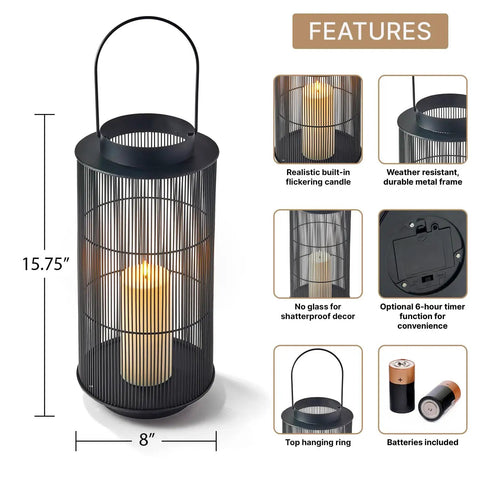 Outdoor Lantern With Realistic LED Candle For Patio, 12 Inch Black Metal Modern Farmhouse Style Lantern, Weatherproof Open Frame Design