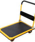 Heavy Duty Foldable Platform Push Cart With 660 Lb Capacity, Steel Construction And Swivel Casters For Smooth Mobility, Your Go To Haul Buddy For Warehouse, Garage Or Home Workshop, black and yellow steel platform cart