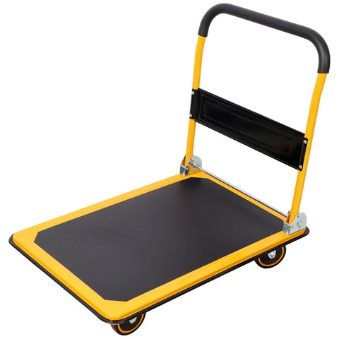 Heavy Duty Foldable Platform Push Cart With 660 Lb Capacity, Steel Construction And Swivel Casters For Smooth Mobility, Your Go To Haul Buddy For Warehouse, Garage Or Home Workshop, black and yellow steel platform cart