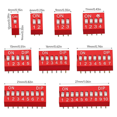Various sizes of Red Dip Switch Kit for Breadboards, 2.54mm PCB Mount On Off Toggle Switches, Double Row with 9 Value Positions
