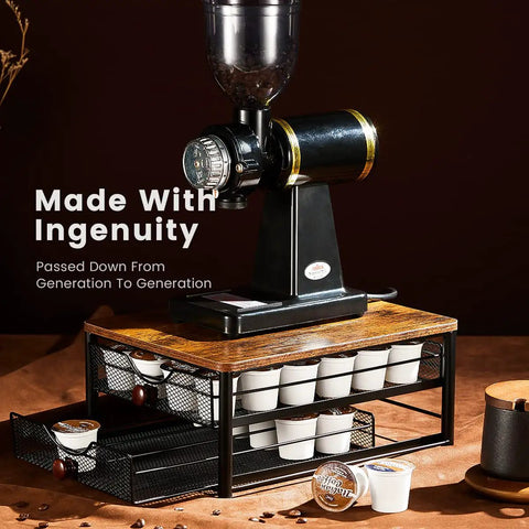 K Cup Holder and Coffee Pod Storage Rack with 2 Layer Drawer, Wood Top and Iron Frame, placed under a coffee grinder.