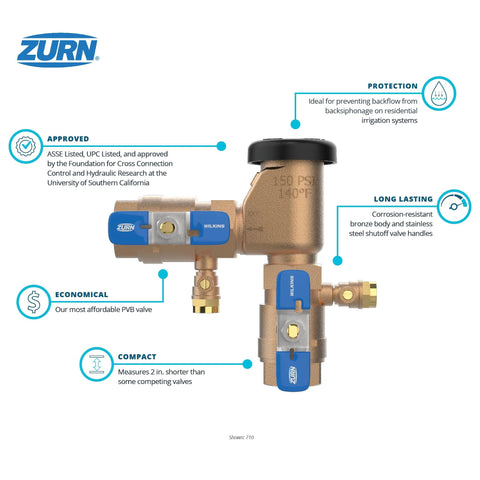 Zurn Wilkins 34-710 3/4 in pressure vacuum breaker assembly, brass body with blue handles (front view)