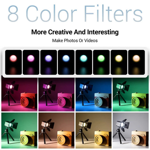 RM01 Mini LED Video Light Pro Grade On The Go Waterproof Portable Lighting with 8 color filters showcasing different lighting effects
