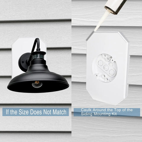 Image showing Black outdoor light fixture mounted on a White 2 Pack Vinyl Siding Mounting Brackets With Built In Electrical Box.