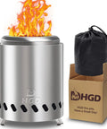Tabletop Smokeless Fire Pit With Carry Bag For Outdoor Use Ideal For Camping Backyard Patio Garden Or Picnic Delivers Cozy Warmth And A Smores Experience For No Mess Backyard Hangouts With Double Wall Design, shown with carry bag and box