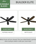 52 Inch Indoor Ceiling Fan No Light With Pull Chain Slick Matte Black Finish, Standard Mount, 5 Blades, Builder Elite 53243