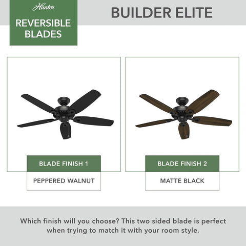 52 Inch Indoor Ceiling Fan No Light With Pull Chain Slick Matte Black Finish, Standard Mount, 5 Blades, Builder Elite 53243