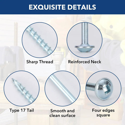 Detailed view of Pocket Hole Screws Eight By One And A Half Inch Zinc Coarse Thread Wood Screws Bulk Pack Of Three Hundred With Washer Head And Square Drive Plus One Hundred Fifty Millimeter Drive Bit Included features including sharp thread and reinforced neck.